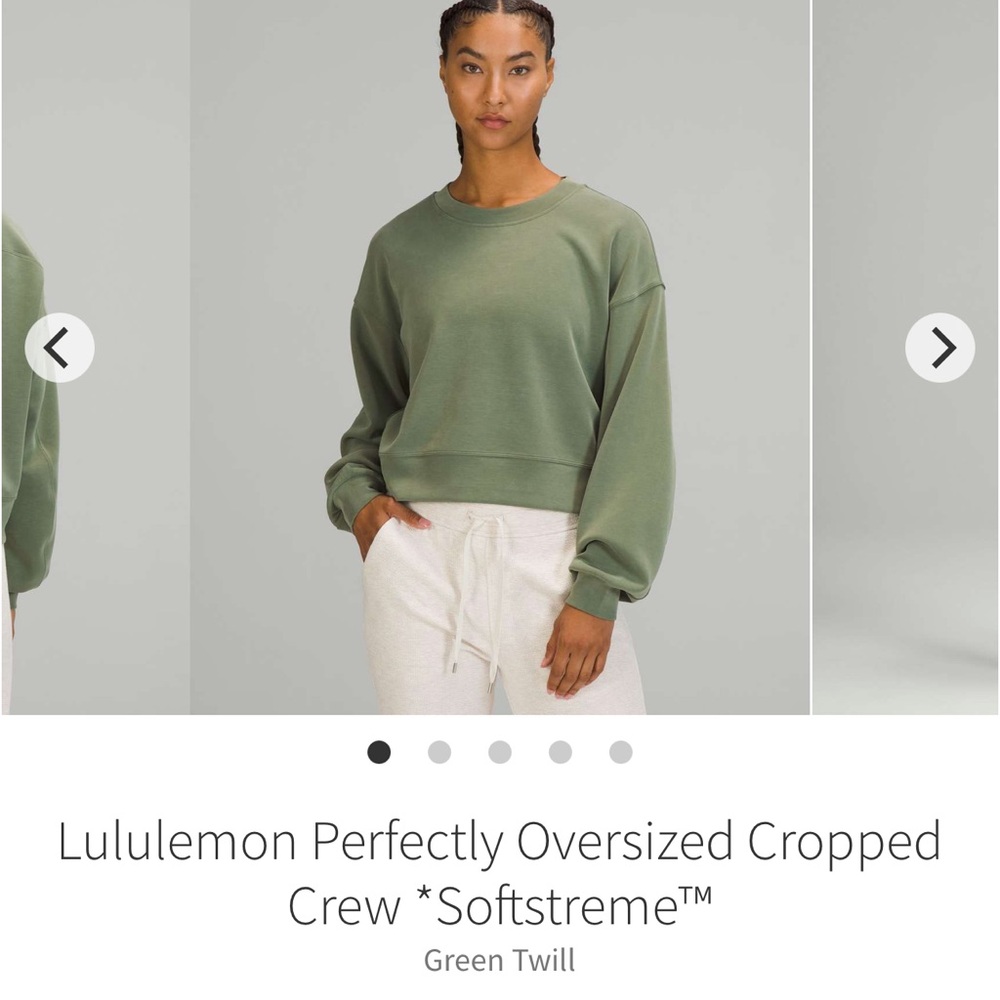Like new. Lululemon Perfectly Oversized Cropped Crew Softstreme, Green Twill, 10